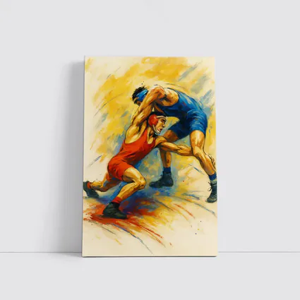 Wrestling Athletes Oil Painting Art Yellow Background