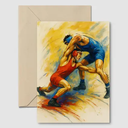 Wrestling Athletes Oil Painting Art Yellow Background