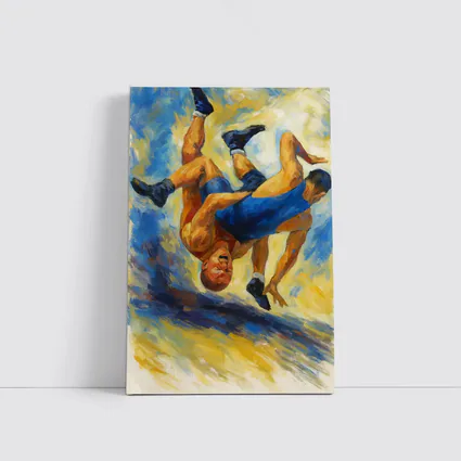 Oil Painting Wrestlers Grappling Blue Yellow