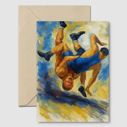 Oil Painting Wrestlers Grappling Blue Yellow