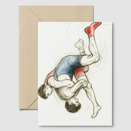 Two Wrestlers Grappling Sketch Art Blue Red