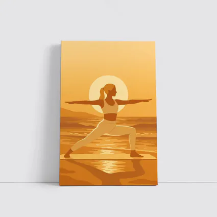 Woman Yoga Warrior Pose Sunset Beach