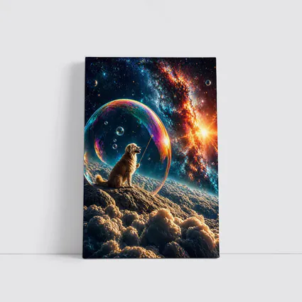 Golden Retriever Blowing Bubbles in Space