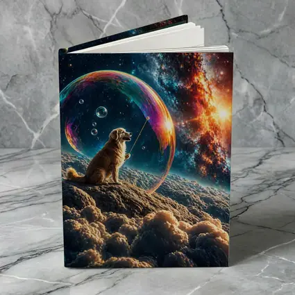 Golden Retriever Blowing Bubbles in Space