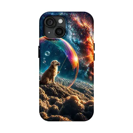 Golden Retriever Blowing Bubbles in Space