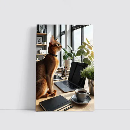 Abyssinian Cat Sitting at Modern Office Desk