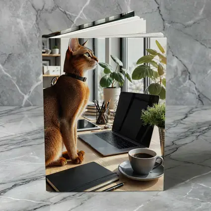 Abyssinian Cat Sitting at Modern Office Desk