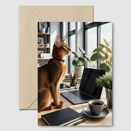 Abyssinian Cat Sitting at Modern Office Desk