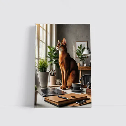 Abyssinian Cat Sitting at Home Office Desk