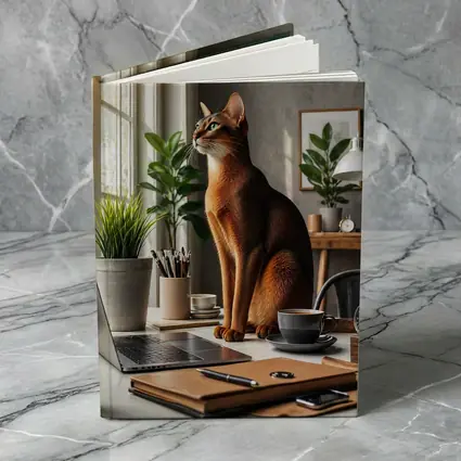 Abyssinian Cat Sitting at Home Office Desk