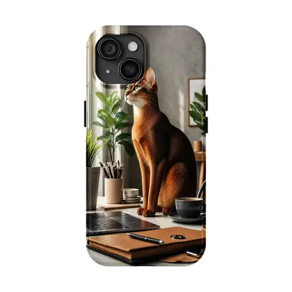 Abyssinian Cat Sitting at Home Office Desk