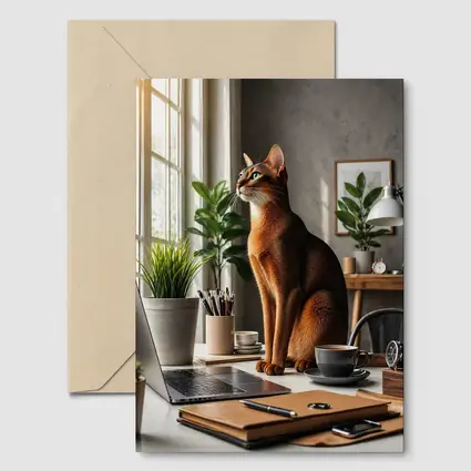 Abyssinian Cat Sitting at Home Office Desk