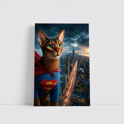Abyssinian Cat Superhero Over City Skyline