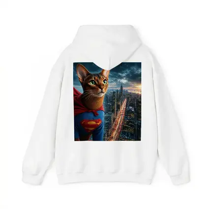 Abyssinian Cat Superhero Over City Skyline