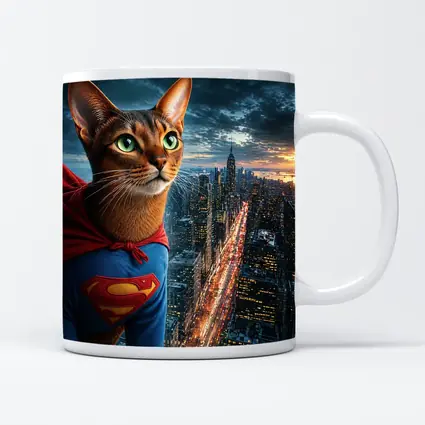 Abyssinian Cat Superhero Over City Skyline