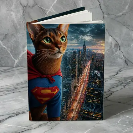 Abyssinian Cat Superhero Over City Skyline