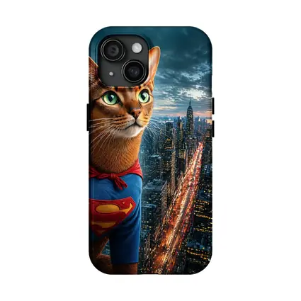 Abyssinian Cat Superhero Over City Skyline