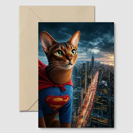 Abyssinian Cat Superhero Over City Skyline