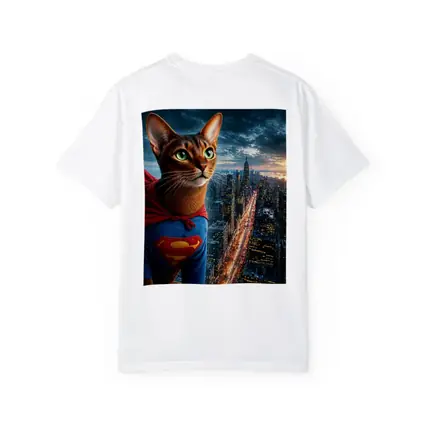 Abyssinian Cat Superhero Over City Skyline