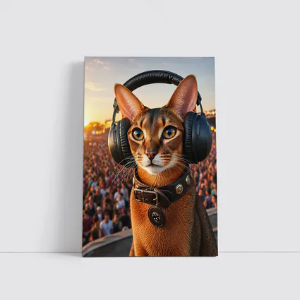 Abyssinian Cat Wearing Headphones at Festival
