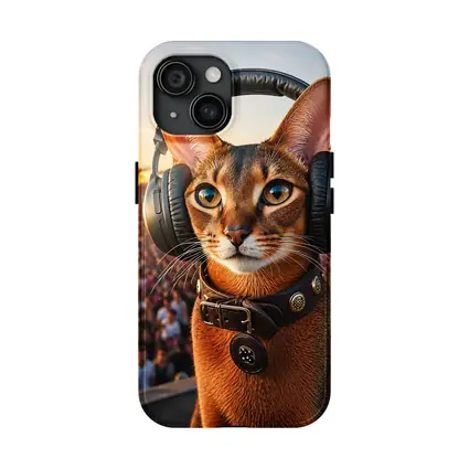 Abyssinian Cat Wearing Headphones at Festival