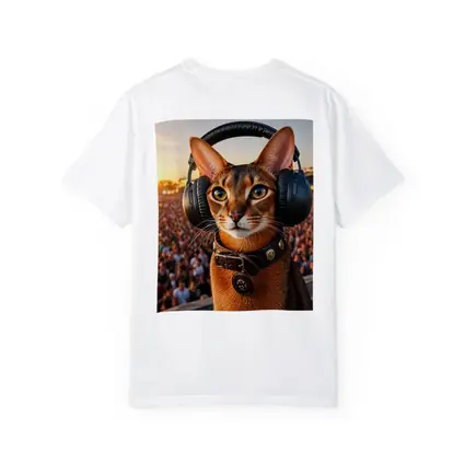 Abyssinian Cat Wearing Headphones at Festival