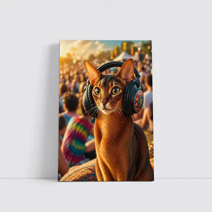 Abyssinian Cat Wearing Headphones at Music Festival