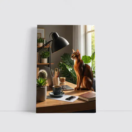 Abyssinian Cat Sitting at Home Office Desk