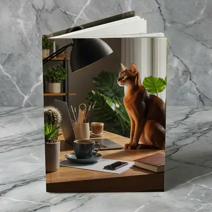 Abyssinian Cat Sitting at Home Office Desk