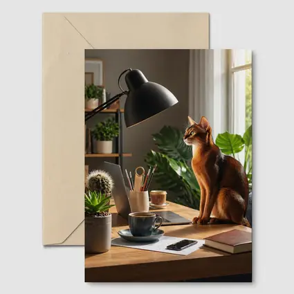 Abyssinian Cat Sitting at Home Office Desk