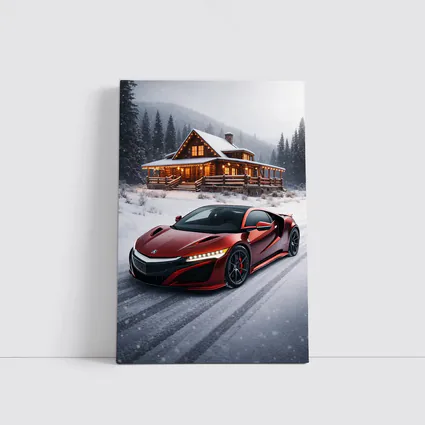 Acura NSX Red Supercar Snowy Winter Cabin
