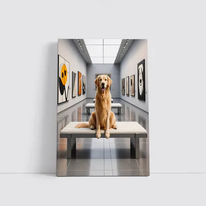 Golden Retriever Sitting Inside Modern Art Gallery