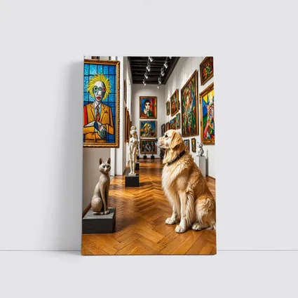 Golden Retriever Dog in Colorful Art Gallery