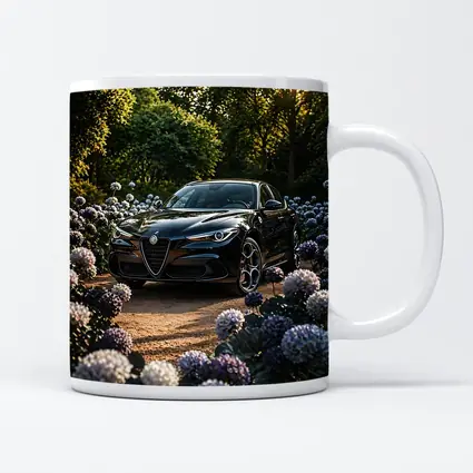 Alfa Romeo Giulia Black Among Purple Hydrangeas