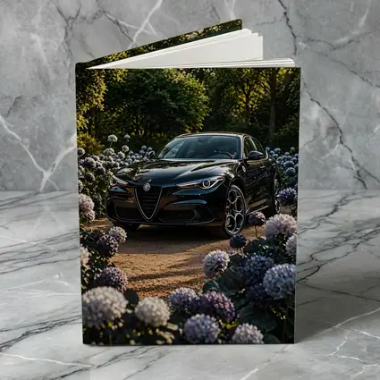 Alfa Romeo Giulia Black Among Purple Hydrangeas