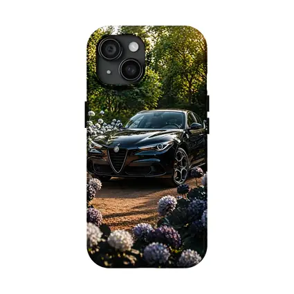 Alfa Romeo Giulia Black Among Purple Hydrangeas
