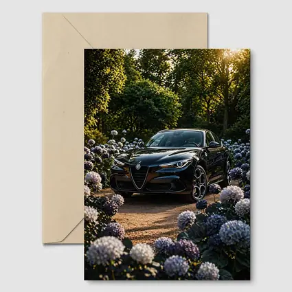 Alfa Romeo Giulia Black Among Purple Hydrangeas