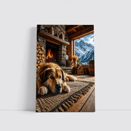 Golden Dog Resting By Mountain Chalet Fireplace
