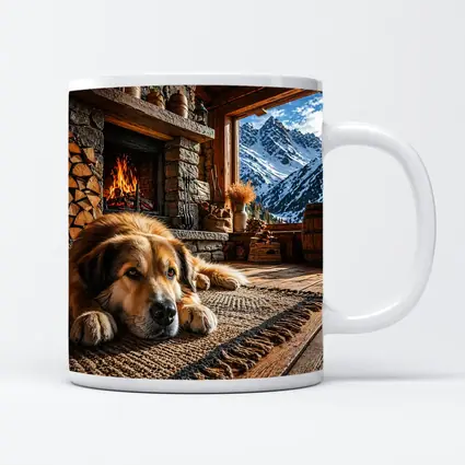 Golden Dog Resting By Mountain Chalet Fireplace