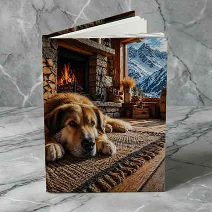 Golden Dog Resting By Mountain Chalet Fireplace