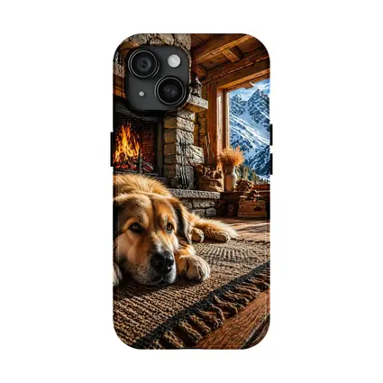 Golden Dog Resting By Mountain Chalet Fireplace