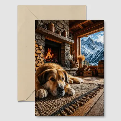 Golden Dog Resting By Mountain Chalet Fireplace