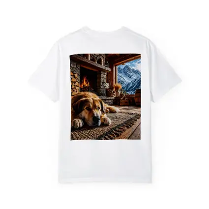 Golden Dog Resting By Mountain Chalet Fireplace