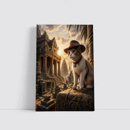 Explorer Cat Ancient Temple Ruins Sunset