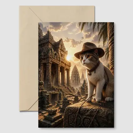Explorer Cat Ancient Temple Ruins Sunset