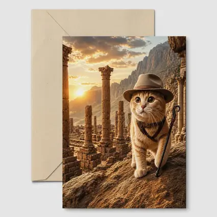 Adventure Cat Explorer Ancient Ruins Sunset