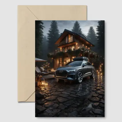 Audi Q8 Parked Outside Forest Cabin Night