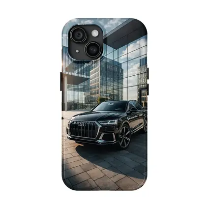 Audi Q8 Black SUV Modern Glass Buildings