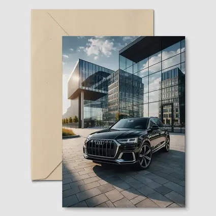 Audi Q8 Black SUV Modern Glass Buildings