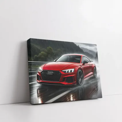 Audi RS5 Red Coupe Driving in Rain